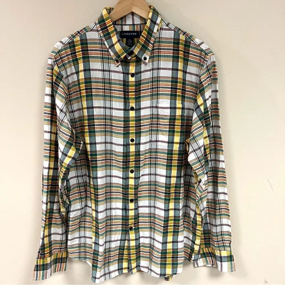 Lands End lightweight cotton yellow plaid button down L